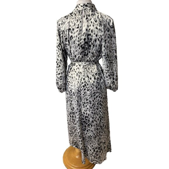 Ann Taylor Maxi Dress 3/4 Long Sleeve L Large Black Gray White Snow Leopard - Picture 9 of 16